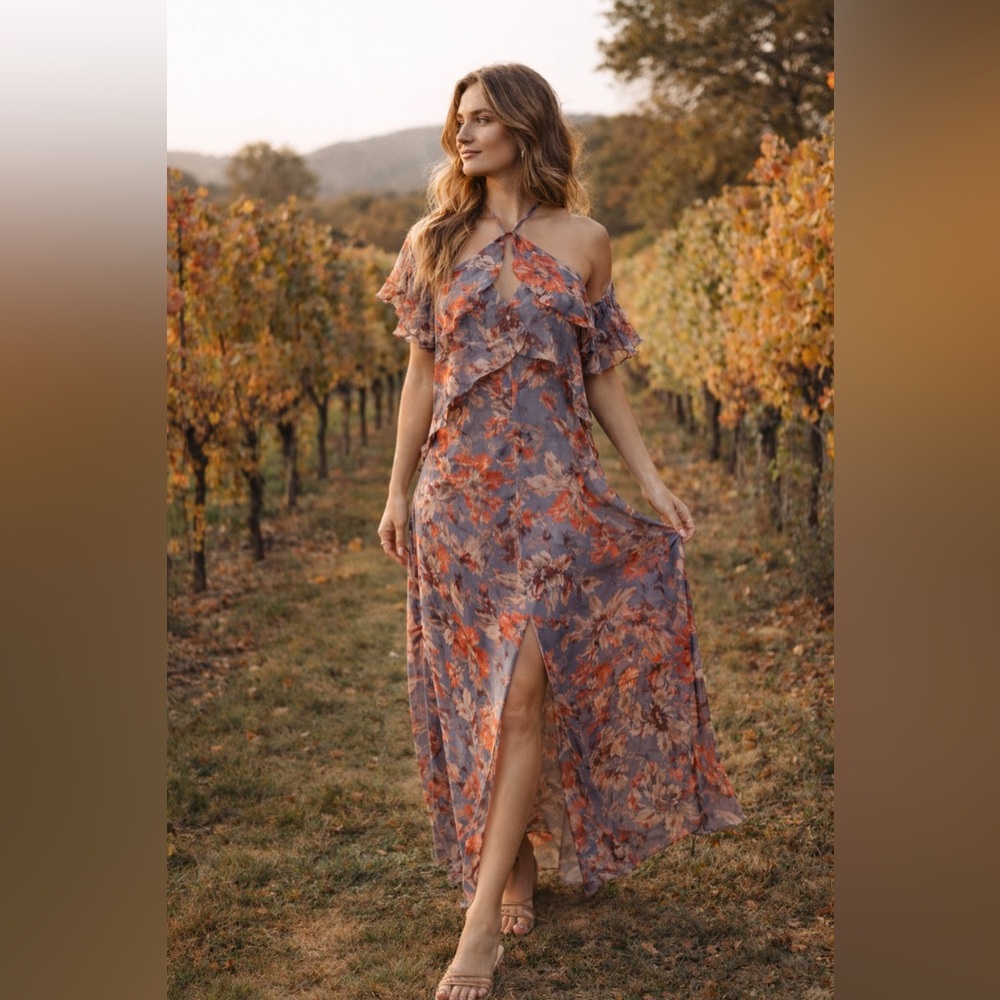 Intermix 100% Silk Floral Maxi Dress Ruffle Sleeve Halter Keyhole Boho P